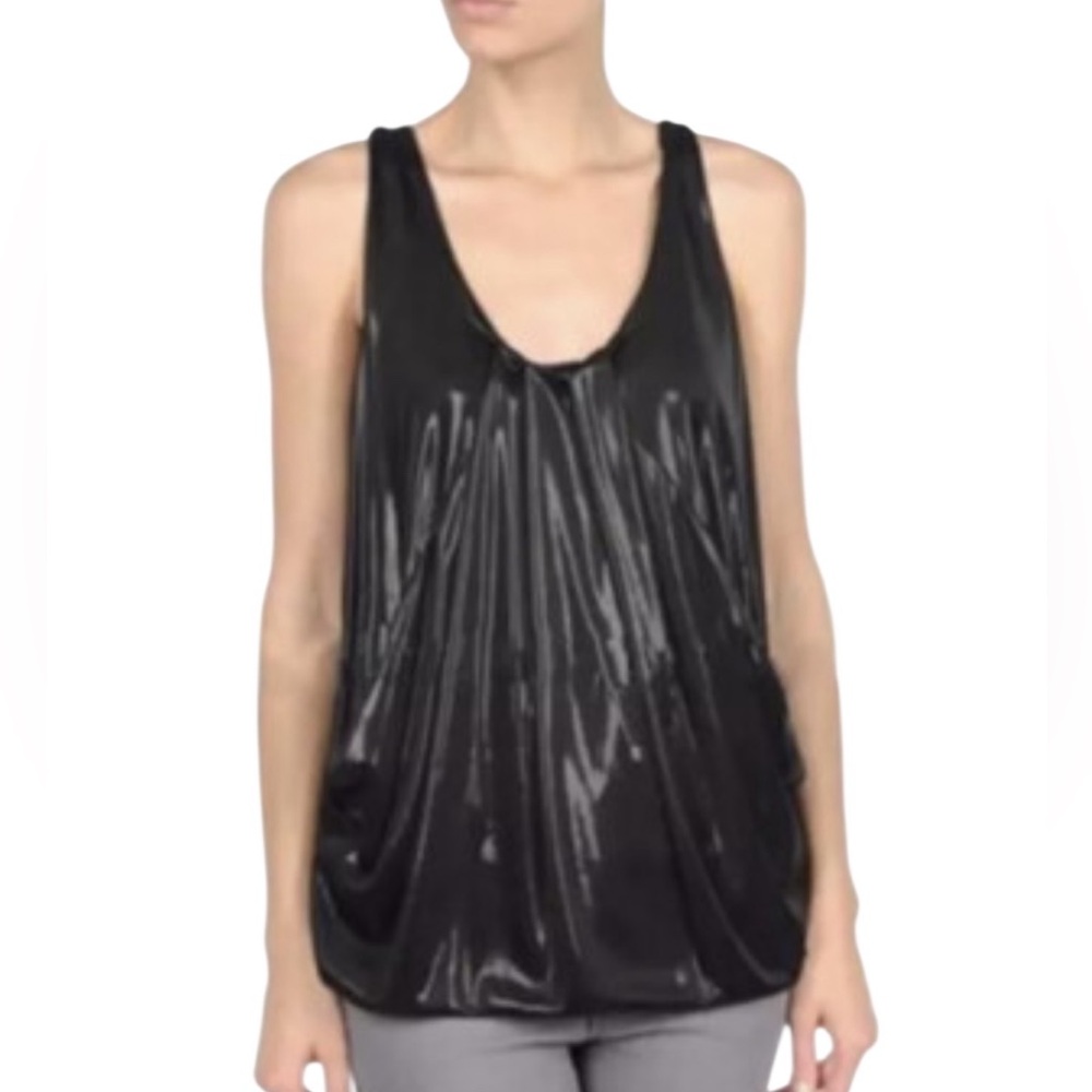 Diane Von Furstenberg Shiny Black Leeza Tank Size 4 Blouse Metallic